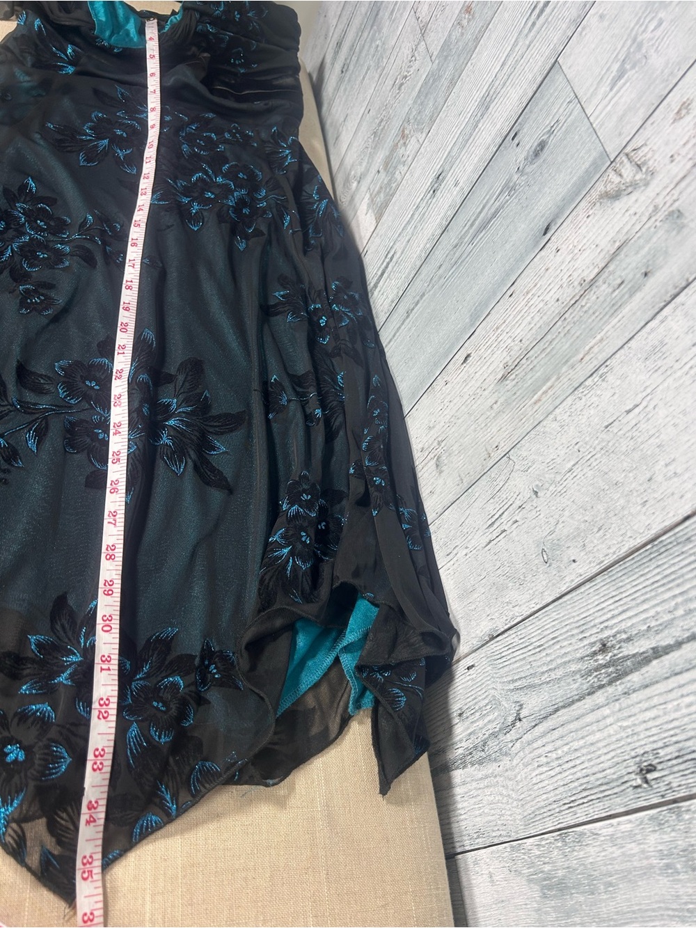 Y2K Le Château Black Teal Floral Mesh Midi Dress Scarf Ruched Goth Glam M - Picture 11 of 11